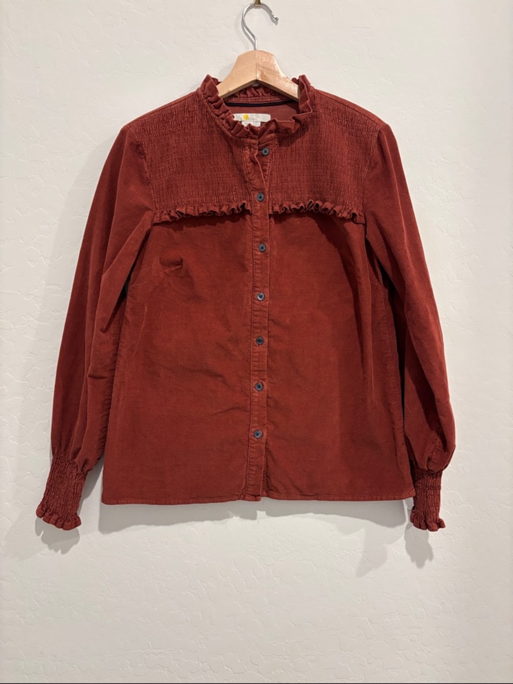 Boden Rust Ruffled Corduroy Button-Front Blouse, color Brick Red